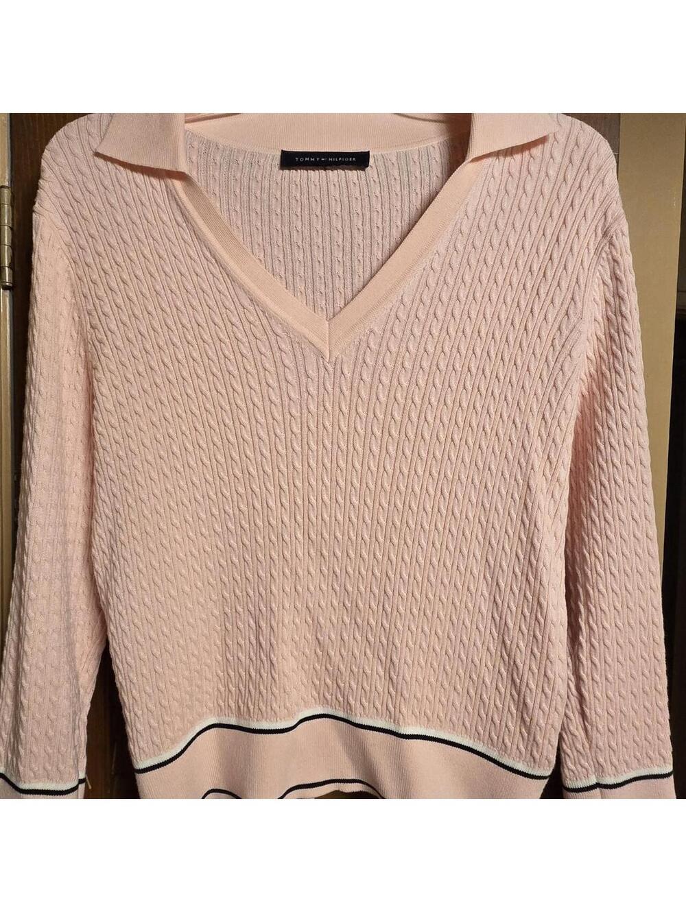 Pink Tommy Hilfiger sweater with black trim, barely worn